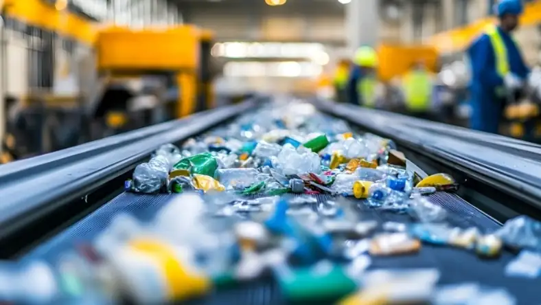 Mixed plastic waste moves along a conveyor belt at a recycling facility with workers nearby